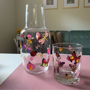 NWT carafe & cup set with hand painted colorful insects motif